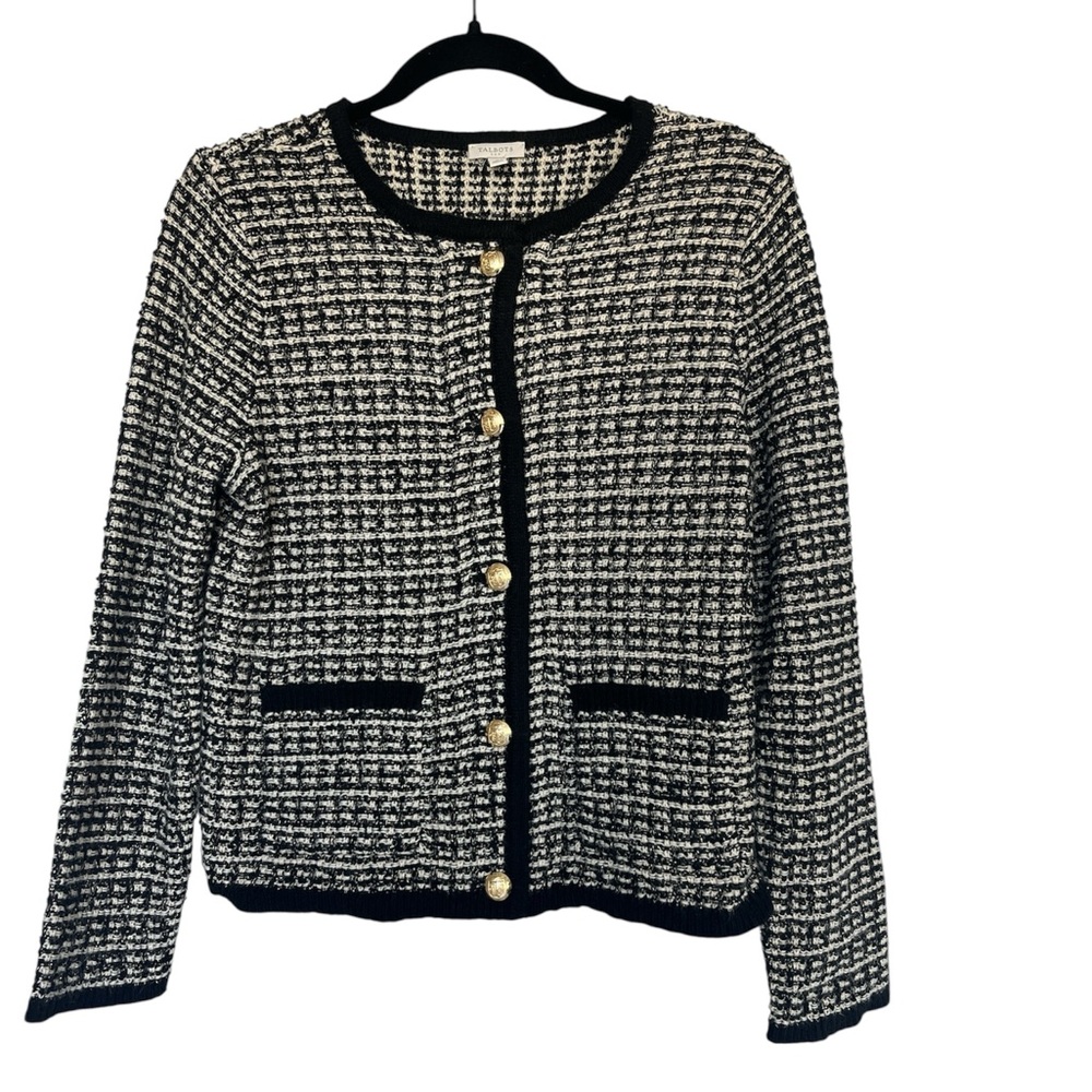 TALBOTS Black and White Knit Sweater Jacket Size Medium